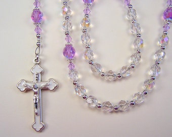Girls Violet 1st Communion Rosary 16 1/2&quot; Crystal AB & Violet AB Preciosa Czech Glass Bead Primera Comunión Chica Rosario Free Shipping USA