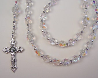 Girls Crystal Catholic Rosary 16 1/2&quot; Crystal AB Czech Glass Beads Chica Rosario Free Shipping USA