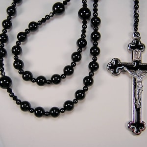 Mens BLACK 3+&quot; Crux Rosary Catholic UNIQUE! XXLong 28 inch Necklace All Black Onyx Beads Masculino Collar Rosario Free Shipping USA