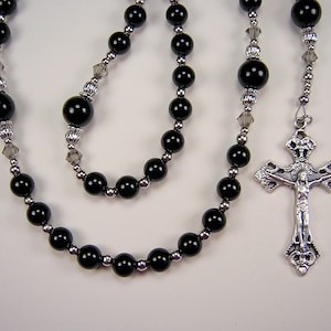 Womens Black Rosary Catholic Gemstone 19 inch Genuine Black Onyx Beads Silver Plated Las Mujeres Collar Rosario Free Shipping USA
