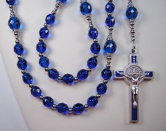 Mens Blue Rosary Catholic Necklace 22 1/4 inch Czech Capri Blue Glass Beads Silver Católica Masculino Collar Rosario Free shipping USA