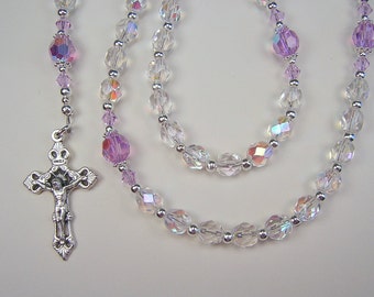 Girls Violet Rosary 16 1/2&quot; Catholic Crystal AB and Violet AB Preciosa Czech Glass Beads Chica Rosario Free Shipping USA