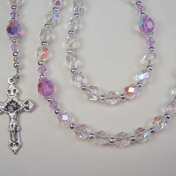 Girls Violet Rosary 16 1/2" Catholic Crystal AB and Violet AB Preciosa Czech Glass Beads Chica Rosario Free Shipping USA