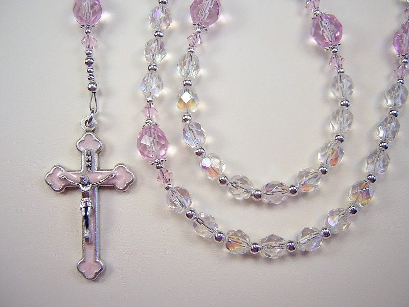 Girls 1st Communion Rosary 17" Catholic Crystal AB & Light Pink AB Czech Glass Beads Primera Comunión Rosa Chica Rosario Free Shipping USA