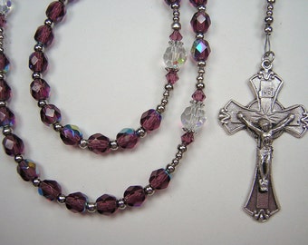 Amethyst Czech Glass Rosary - Catholic Necklace, Valentines Gift