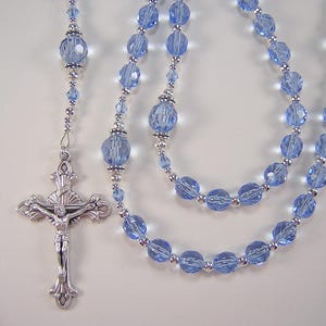 Womens Blue Rosary Catholic Necklace 24 inch Light Sapphire Czech Glass Beads Las Mujeres Collar Rosario Free shipping USA