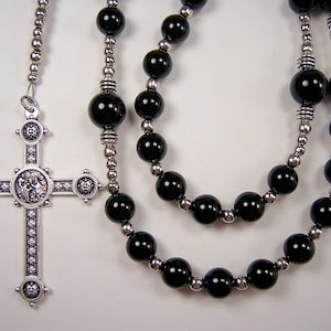 Mens Black XL 25 1/4&quot; Rosary Catholic Necklace PAPAL Cross Genuine Black Onyx Gemstone Masculino Collar Rosario Free Shipping USA