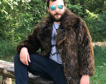 Man faux fur coat / Fake fur jacket with hood / Shaggy men | Etsy