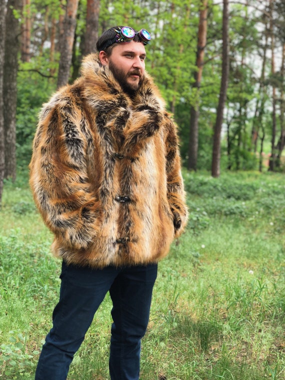 Faux fox men coat/ Man collar fake fur coat/ Double Breasted Etsy