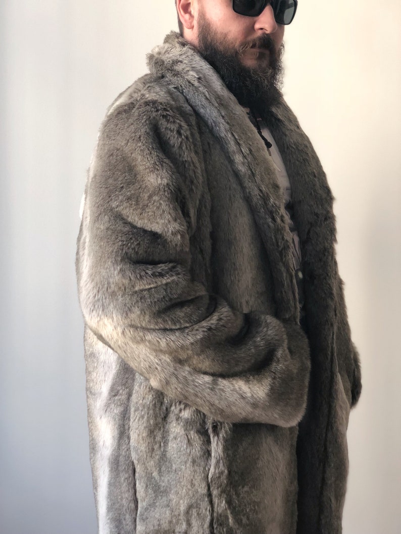 Men faux wolf fur coat / Man warm winter plush jacket / Long | Etsy