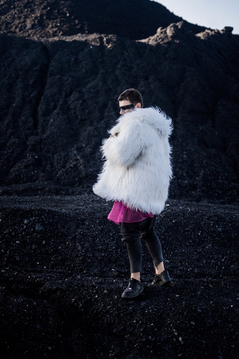 White faux fur coat with hood Men hooded fake fur jacket Burning man clothing Festival outfit Furry coat with back pack straps