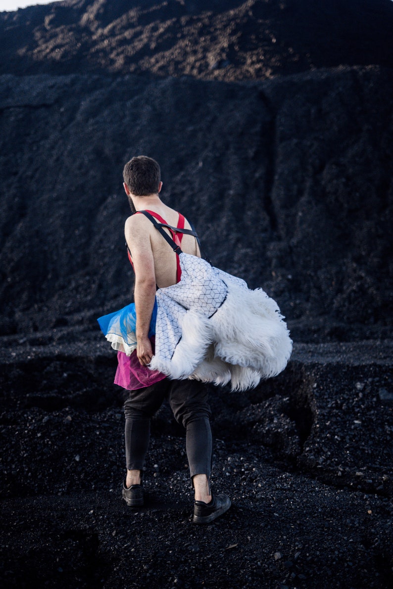White faux fur coat with hood Men hooded fake fur jacket Burning man clothing Festival outfit Furry coat with back pack straps