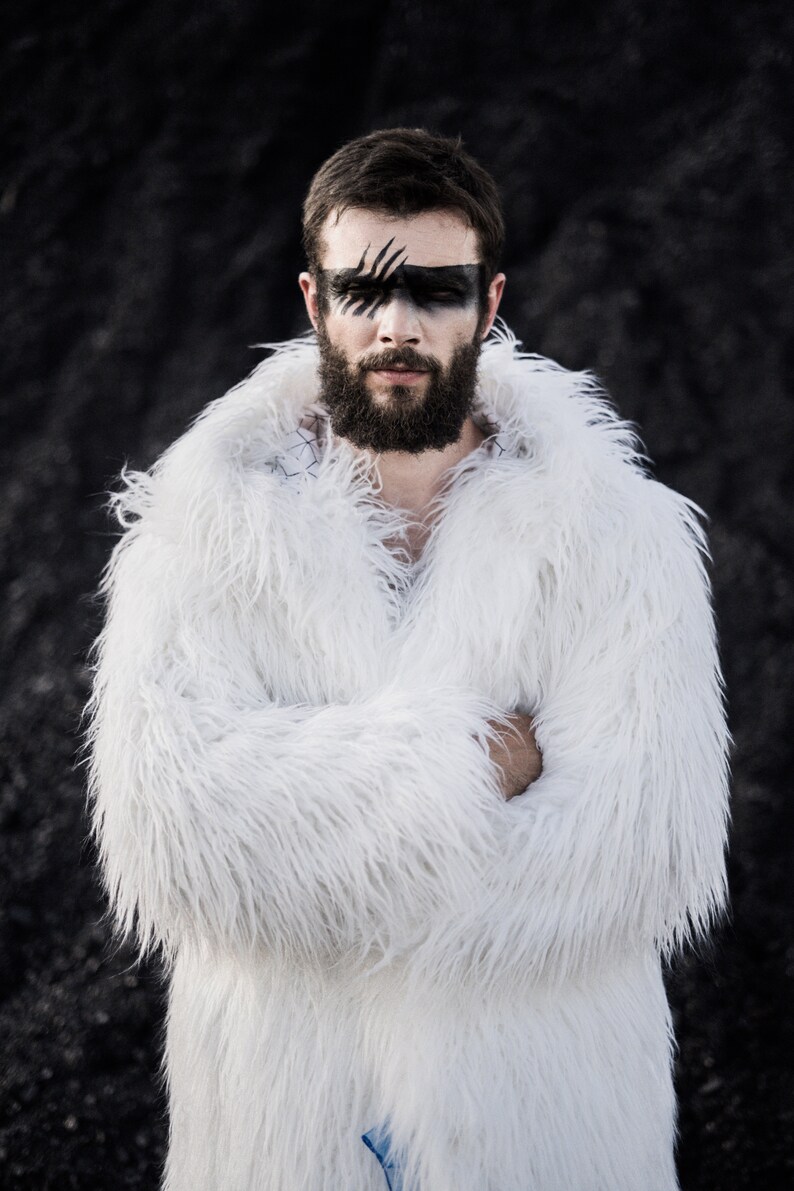 White faux fur coat with hood Men hooded fake fur jacket Burning man clothing Festival outfit Furry coat with back pack straps