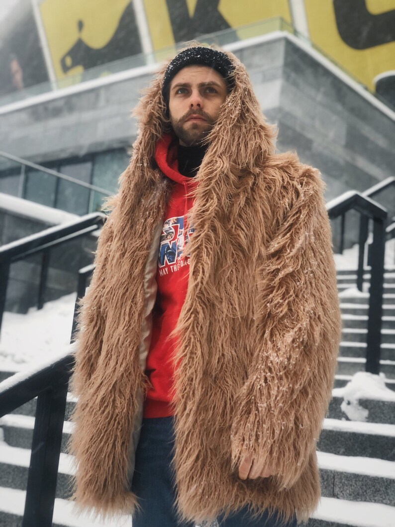 Beige Hooded Faux Fur Jacket Mens Teddy Bear Coat With Hood Gy Burning Man Fluffy