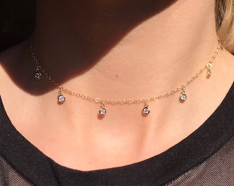 14k gold filled Cubic Zirconia Dangle Choker Necklace, Dainty Crystal choker, 6 gem necklace, gold dangle choker 14k rose gold dangle choker