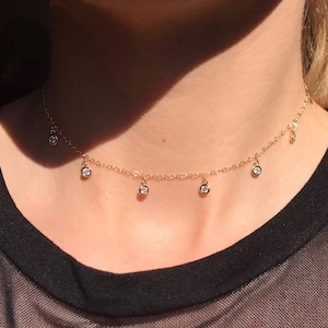 14k gold filled Cubic Zirconia Dangle Choker Necklace, Dainty Crystal choker, 6 gem necklace, gold dangle choker 14k rose gold dangle choker image 1