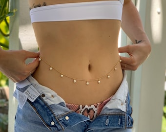 14kt gold filled fresh water pearl belly chain rose quartz labradorite citrine amethyst moonstone turquoise onyx body chain water resistant