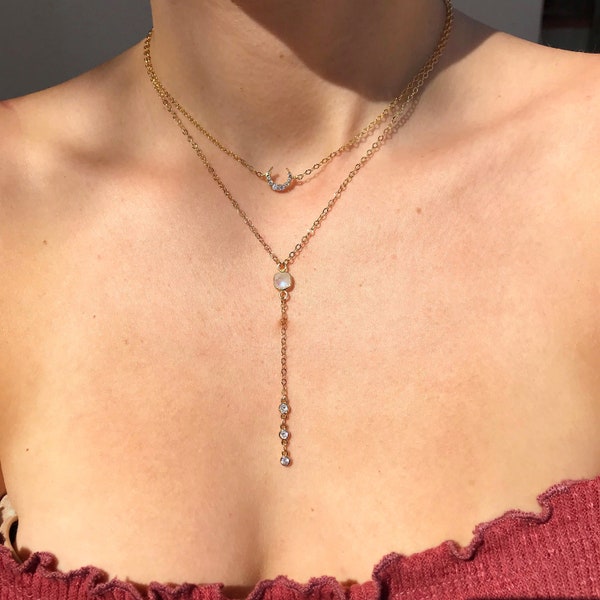 Crescent Moonstone crystal dainty layered lariat choker necklace moon necklace moonstone necklace rose quartz necklace cz lariat