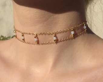 Kristall Leiter Käfig Choker Halskette zierliche individuelle Kristall Choker personalisierte Halskette Mondstein Rosenquarz Labradorit Amethyst