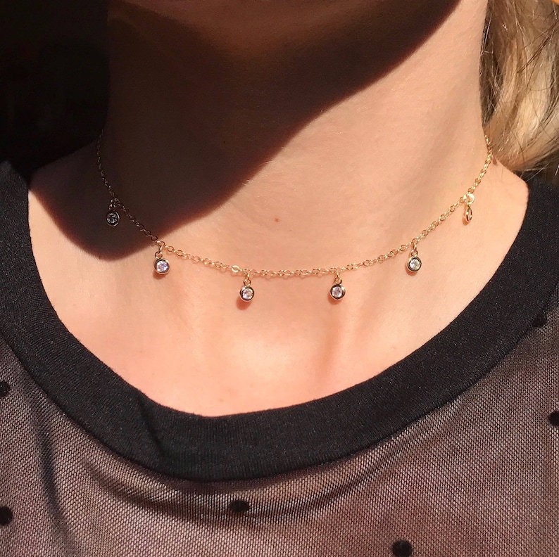 14k gold filled Cubic Zirconia Dangle Choker Necklace, Dainty Crystal choker, 6 gem necklace, gold dangle choker 14k rose gold dangle choker image 1