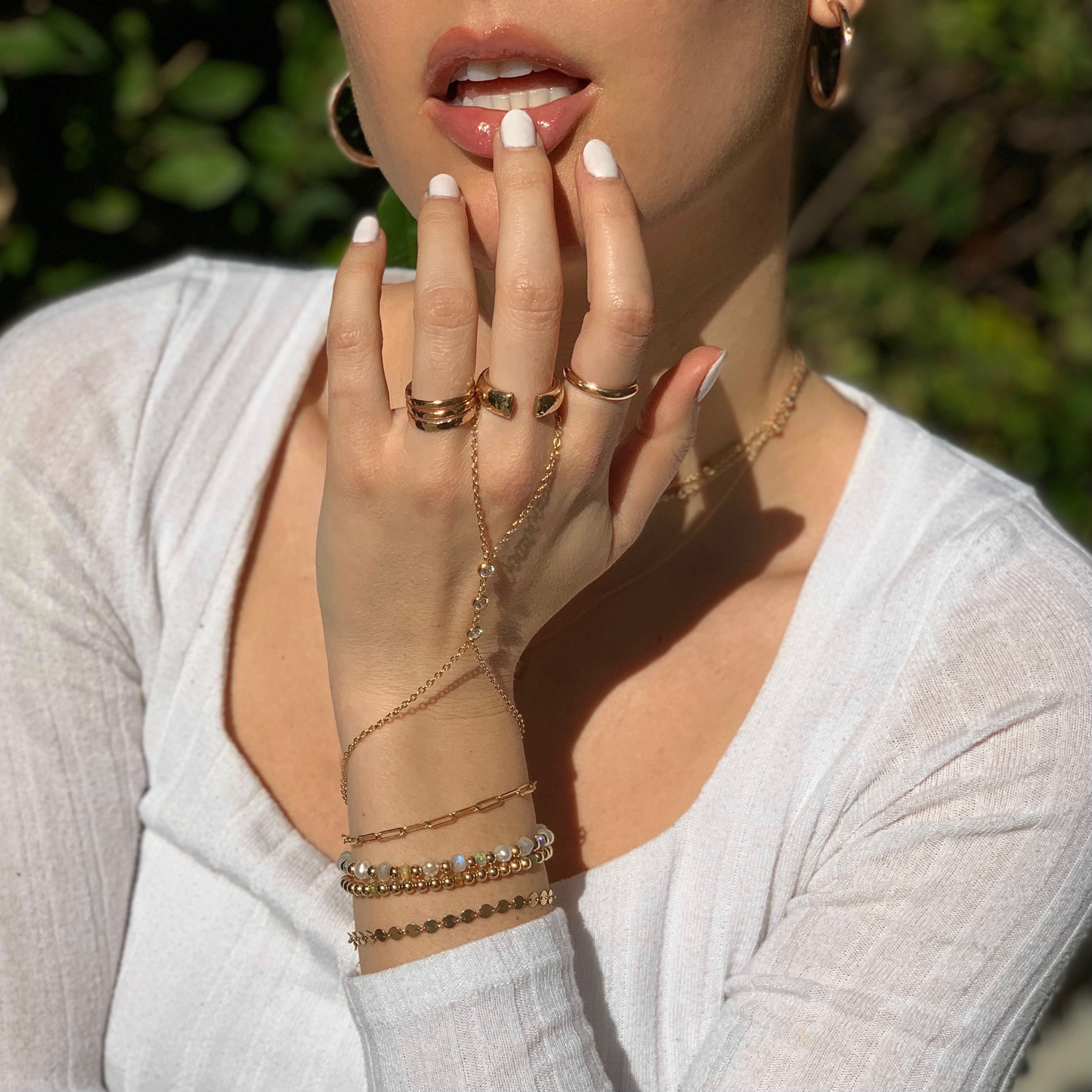 Solid 14K Gold Curb Chain Amethyst Pink Quartz Opal Bracelet