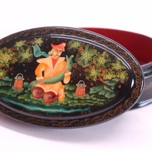 Vintage 1974 Palekh Russian Lacquer Box | Hand-Painted Black Box with Original Box | Good Luck Charm | USSR Era Folk Art | Near Mint