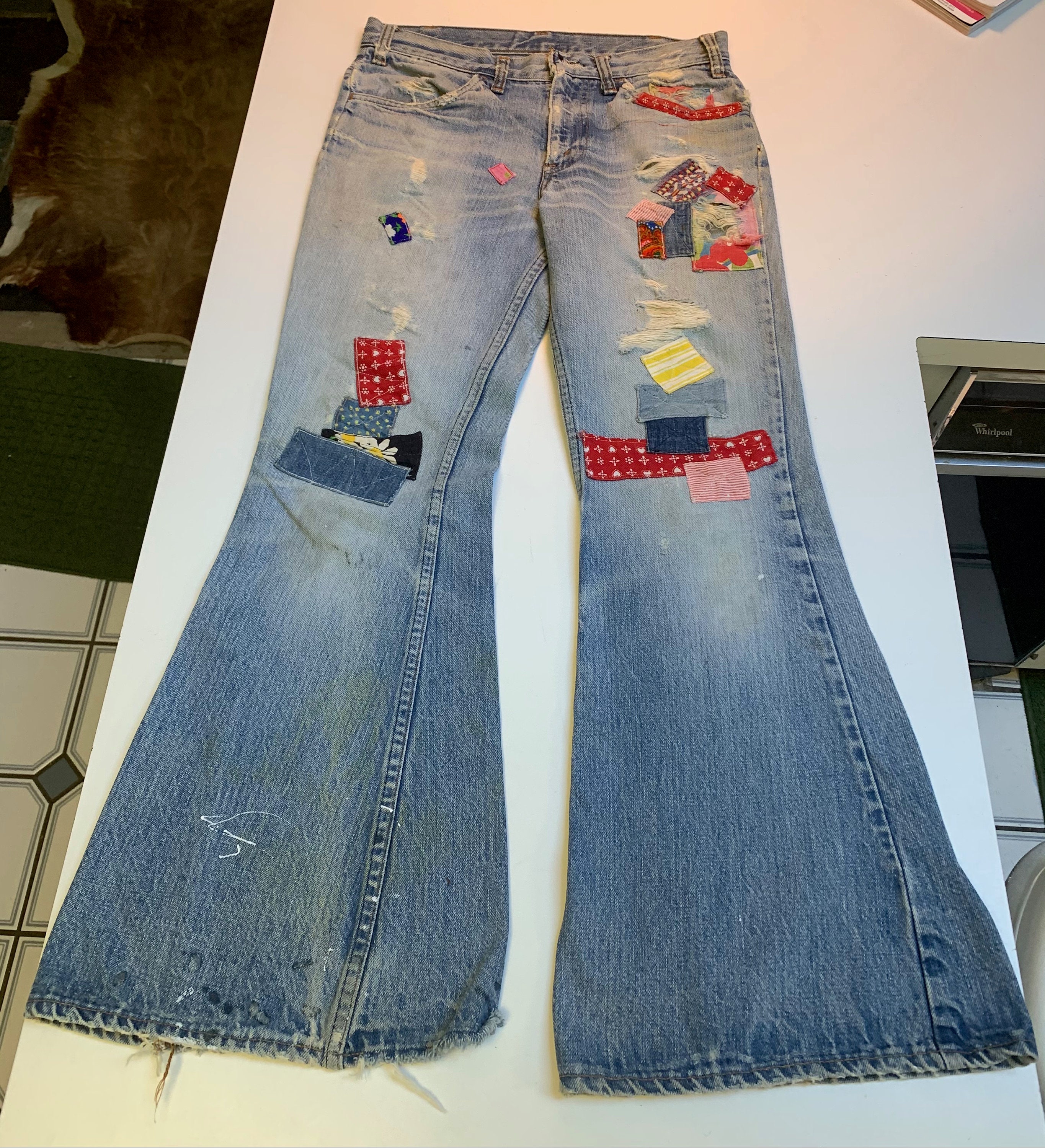 1970s blue jean patches, I loved the ripped off pockets on …