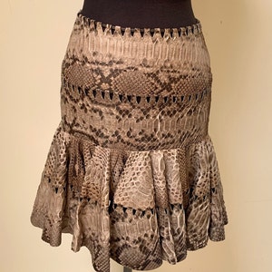 May include: A brown snakeskin skirt with a ruffled hem and a scalloped waistband.