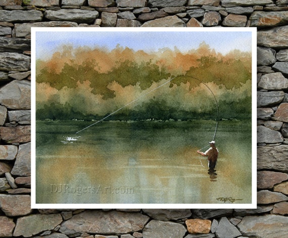 Fly Fishing Art Print serenity Watercolor Painting Angling Art by