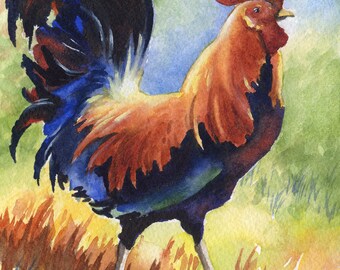 Rooster - Art Print - Watercolor Painting by Artist DJ Rogers - Animal - Wall Decor