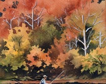 Fly fishing Art Print - "Fall Fishing II" - Watercolor Painting - Angling Art by Artist DJ Rogers - Wall Decor