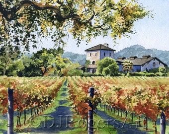 Napa Vineyard Art Print - "Vineyard Home" - California Watercolor Painting by Artist DJ Rogers - Wall Decor
