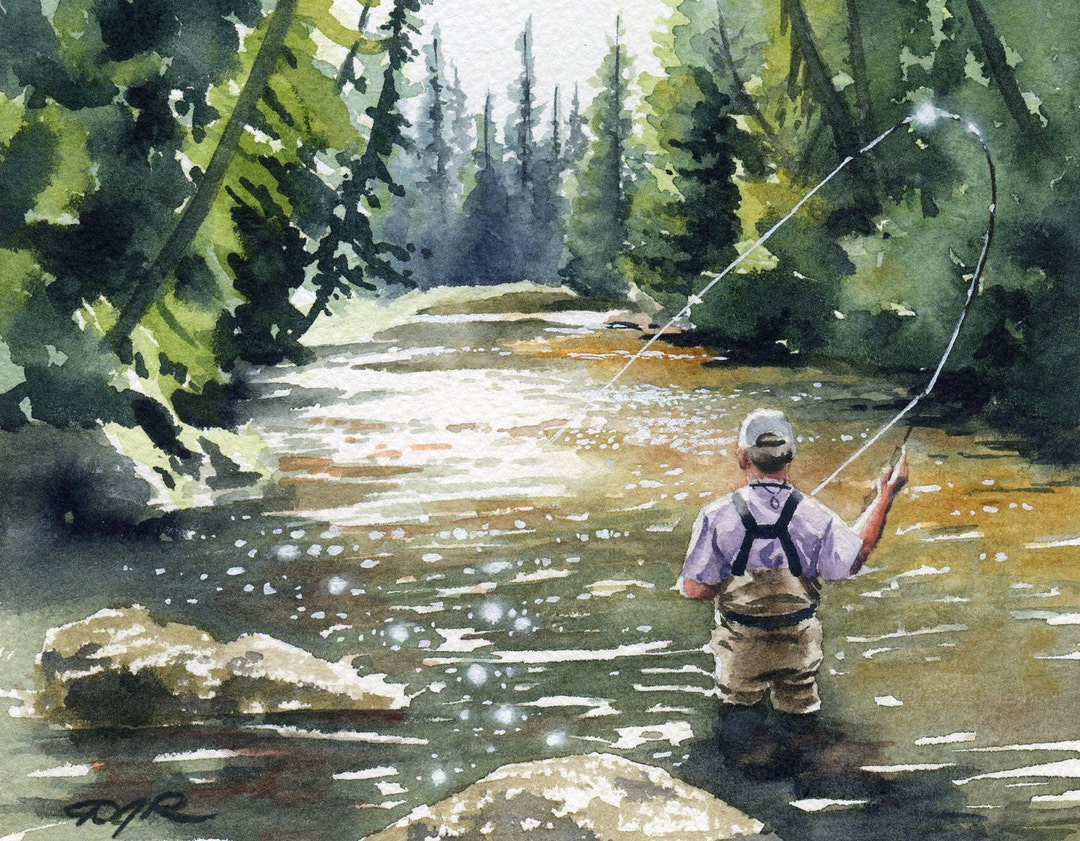 Fly Fishing Art Print hooked up Ii Watercolor Painting Angling Art by