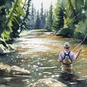 Fly fishing Art Print - "Hooked Up II" - Watercolor Painting - Angling Art by Artist DJ Rogers - Wall Decor