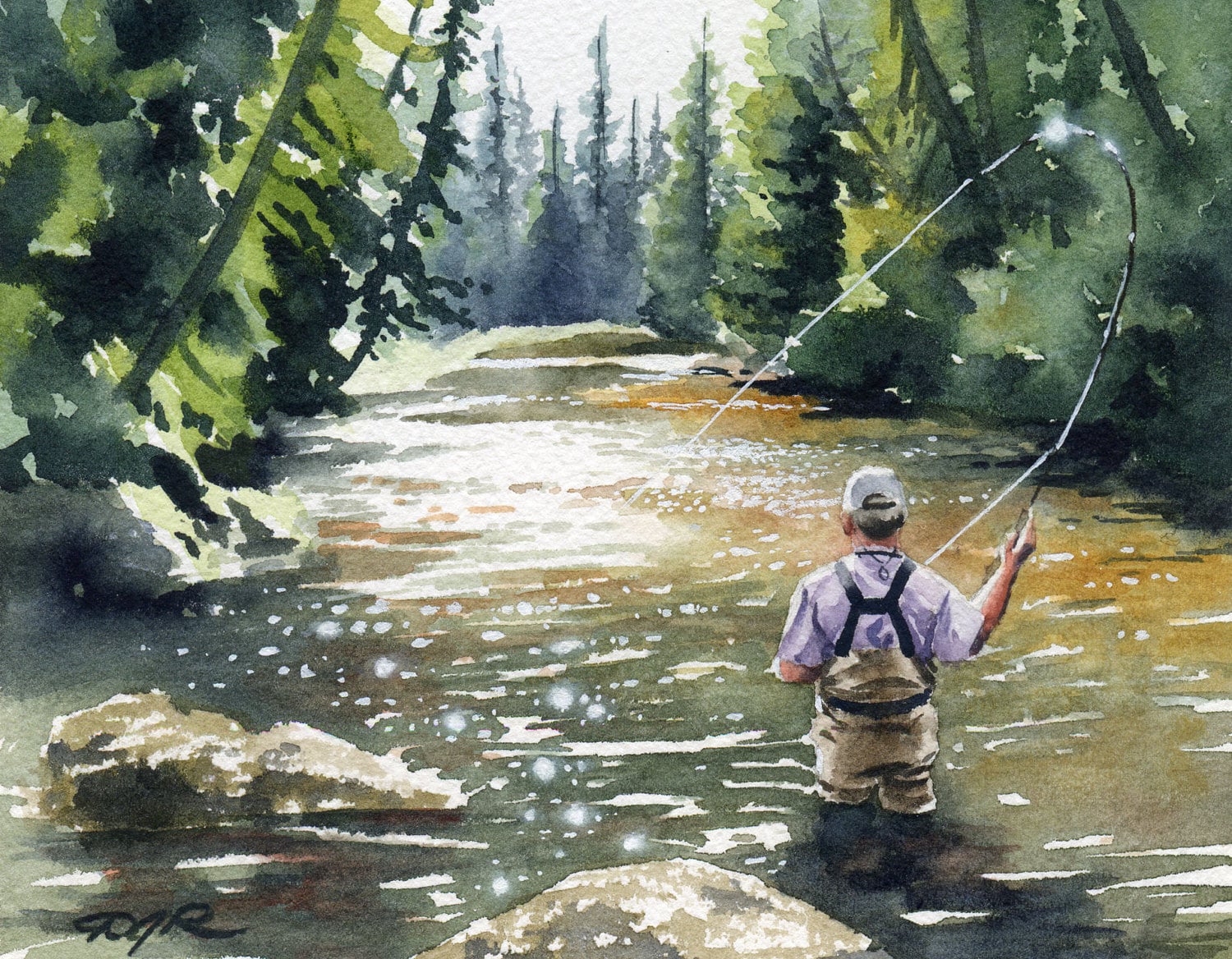 Fly fishing Art Print - Hooked Up II - Watercolor Painting - Angling Art  by Artist DJ Rogers - Wall Decor