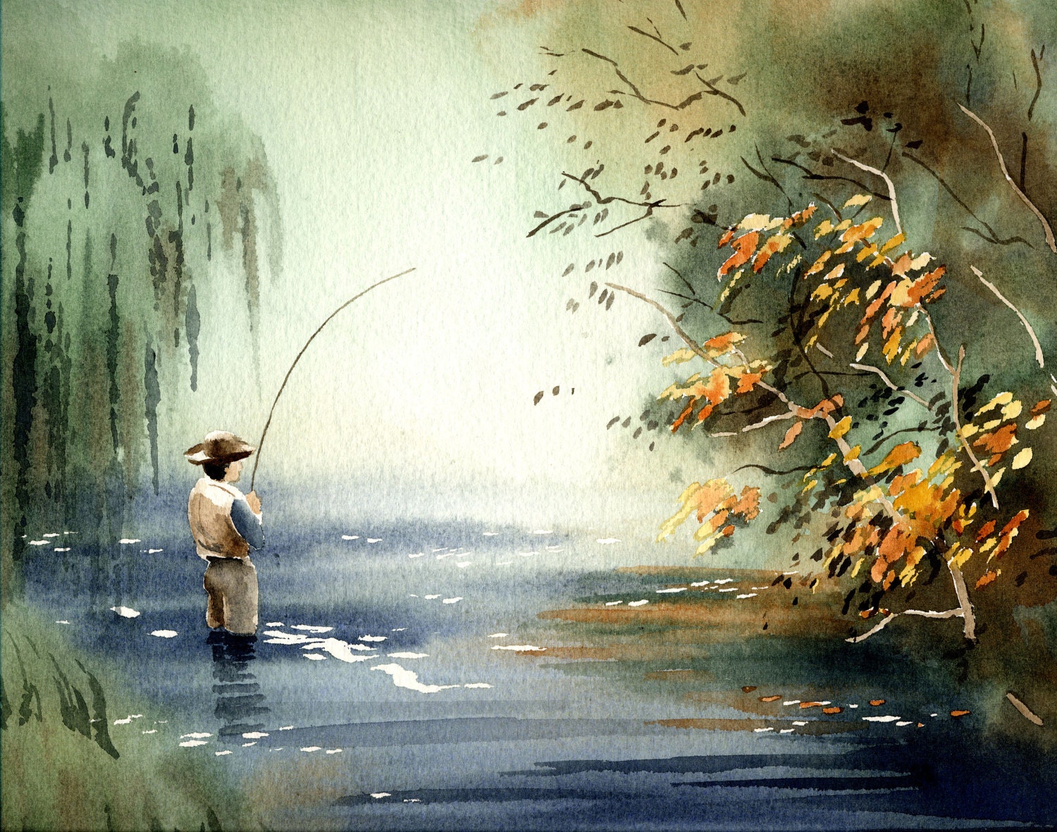 Fly fishing Art Print - Fall Fishing - Watercolor Painting - Angling Art  by Artist DJ Rogers - Wall Decor