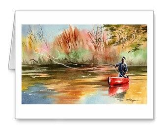 Fishing Red Canoe Note Cards - 10-pk Note Cards - Watercolor Painting - Fishing Lover Gifts