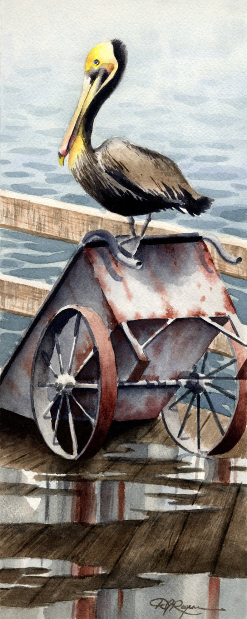 Pelican Art Print Pelican Cart Watercolor Painting by Artist DJ Rogers Wildlife Wall Decor image 1