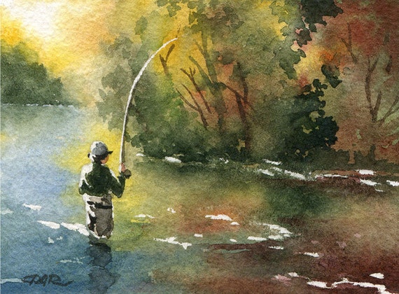 Fly fishing Art Print - Perfect Drift - Watercolor Painting - Angling Art  by Artist DJ Rogers - Wall Decor