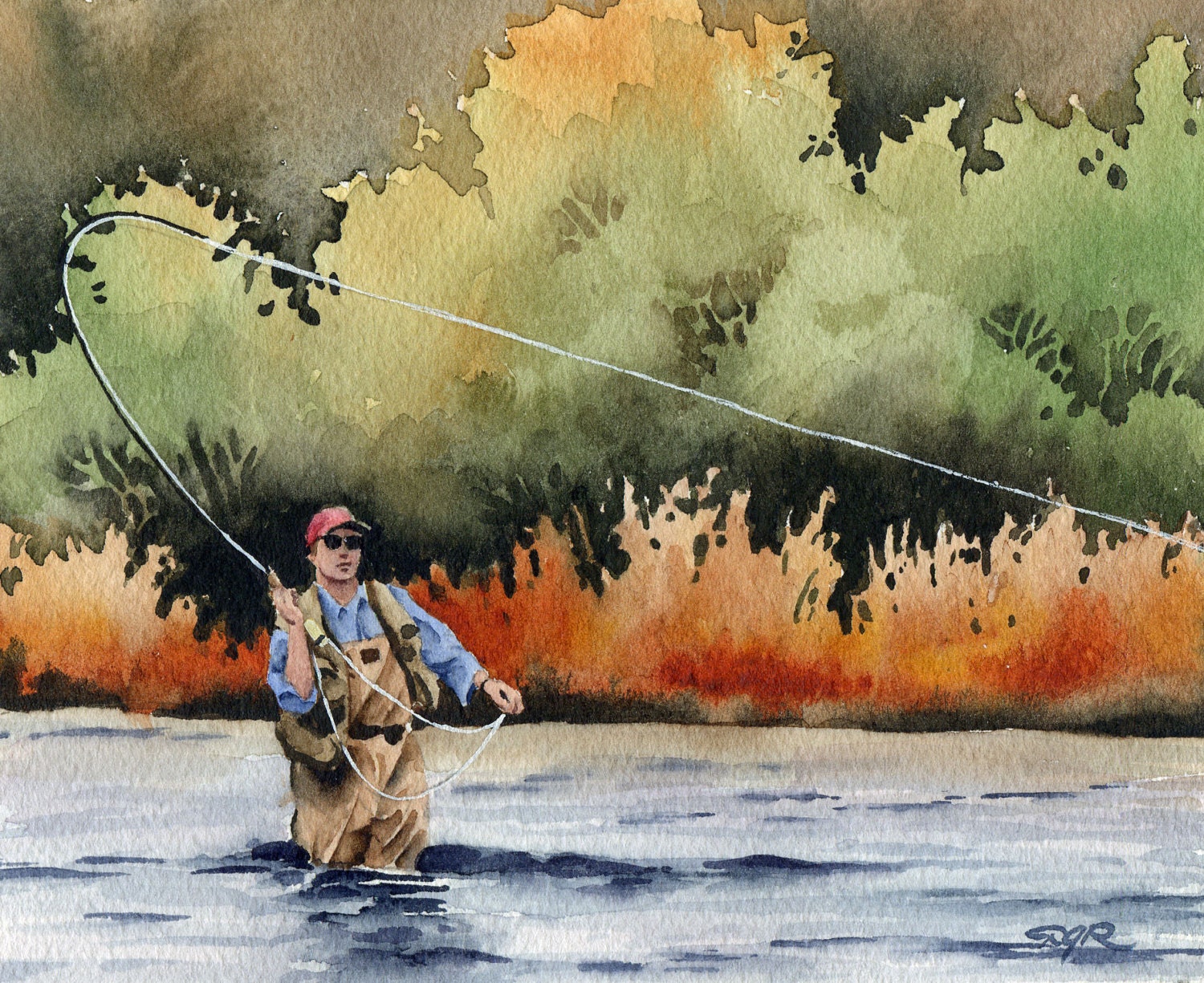 Fly Fishing Art Print hooked Up Watercolor Painting Angling Art by Artist  DJ Rogers Wall Decor 