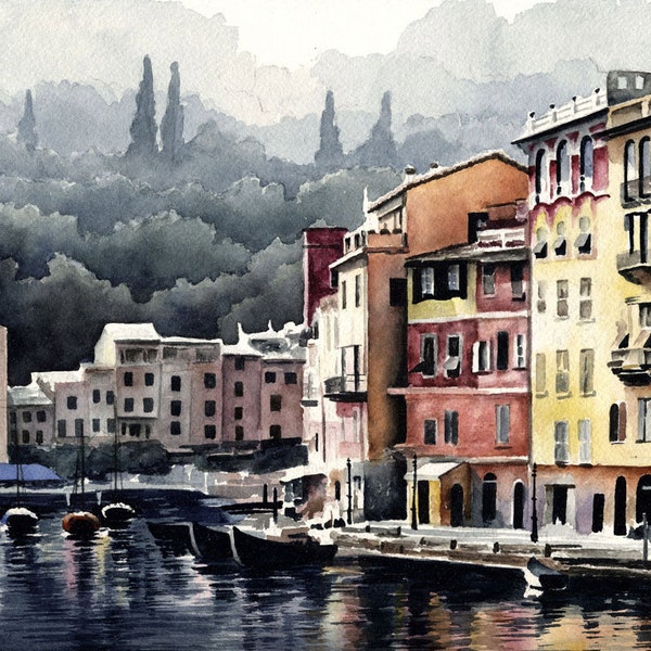 Portofino Italy Art Print - Watercolor Painting by Artist DJ Rogers - Wall Decor