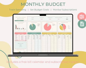 Puede incluir: Una pantalla de portátil que muestra una plantilla de presupuesto mensual. La pantalla muestra gráficos y tablas para el seguimiento de gastos, la fijación de objetivos y el seguimiento de suscripciones. El texto en la parte superior dice "PRESUPUESTO MENSUAL". El texto "¡Incluye un calendario de facturas y un rastreador de suscripciones gratis!"