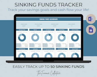 May include: A laptop screen displaying a sinking funds tracker dashboard with a blue background. The dashboard shows a list of sinking funds, including Emergency Fund, New Car, Car Insurance, Family Photos, Summer Clothing, Car Maintenance, Landscaping, Guest Bathroom Renovation, New Roof (Partial), and Concert Tickets. Each fund has a progress bar showing the amount saved and the amount left to save. The dashboard also shows the total goal savings, the remaining amount, and the number of funds completed. The text "Sinking Funds Tracker" is displayed at the top of the screen. The text "Track your savings goals and cash flow your life!" is displayed below the title. The text "Sinking Funds Dashboard" is displayed at the top of the dashboard. The text "EASILY TRACK UP TO 50 SINKING FUNDS" is displayed at the bottom of the screen. The text "The Finance Collective" is displayed below the text "EASILY TRACK UP TO 50 SINKING FUNDS".