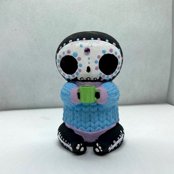 Cozy Sweater Sugar Skeleton Day of the Dead Sculpture Figurine Hand Painted 3D Printed