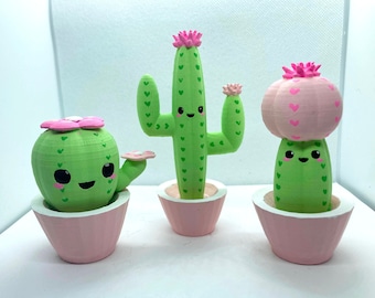 Figurines de cactus en forme de cœur kawaii assorties, peintes à la main et imprimées en 3D