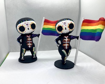 Figurka z czaszką z cukru, flaga LGBT Pride, Dzień Zmarłych, ręcznie malowana, drukowana w 3D