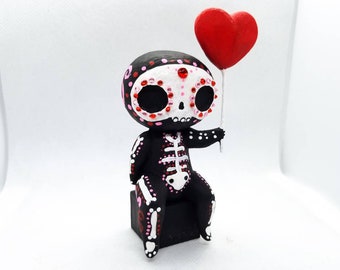 Sugar Skull Skeleton with Heart Balloon Day of the Dead Sculpture Figurine Hand Painted 3D Printed