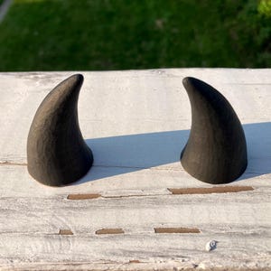 May include: Two black, curved horns, possibly for a costume or decoration, are displayed on a weathered, white-painted surface. The horns have a textured appearance and are set against a blurred green background.