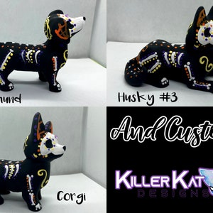 Serie 7 de perros con calaveras de azúcar y figura personalizada impresa en 3D pintada a mano