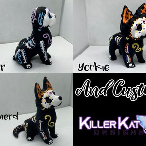 Serie 9 de perros con calaveras de azúcar y figura personalizada impresa en 3D pintada a mano